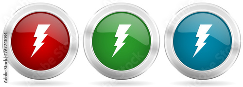 Bolt vector icon set. Red, blue and green silver metallic web buttons with chrome border