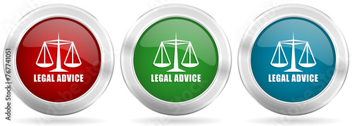 Legal advice vector icon set. Red, blue and green silver metallic web buttons with chrome border