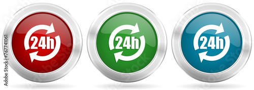 24h vector icon set. Red, blue and green silver metallic web buttons with chrome border