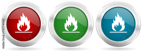 Flame vector icon set. Red, blue and green silver metallic web buttons with chrome border