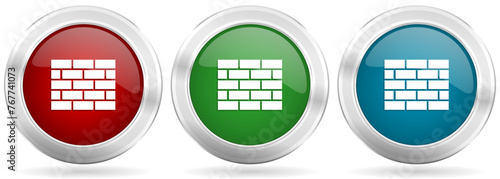 Brick wall, building vector icon set. Red, blue and green silver metallic web buttons with chrome border
