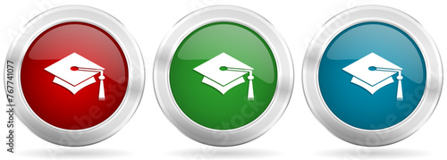 Education vector icon set. Red, blue and green silver metallic web buttons with chrome border