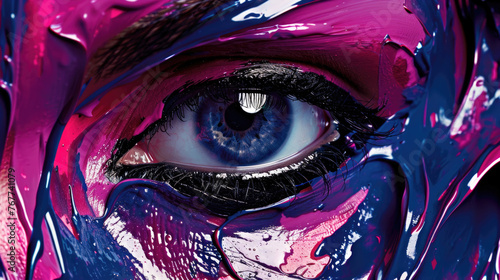 A detailed view of a persons eye with vibrant purple paint artfully applied around the eye, creating a striking and artistic effect