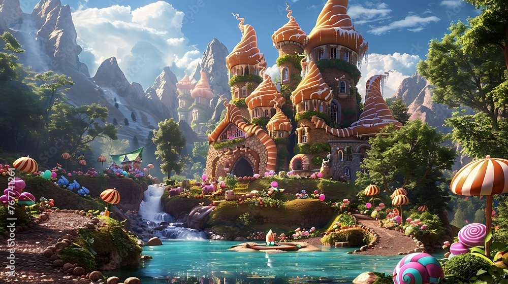 castle on fantasy world, with, candy, sweaty tree beautiful wonderland, - obrazy, fototapety, plakaty 