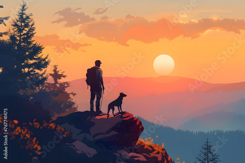 A man and his dog stand on the edge of an ancient mountain, overlooking vast forests bathed in golden sunlight at sunset. Simple  detailed 