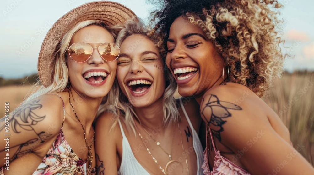 Group of carefree women standing side by side, displaying unity and togetherness Group of carefree women standing side by side, displaying unity and togetherness