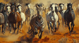 A photo of an epic scene with one zebra leading the way in front, surrounded by hundreds of horses running behind it on red dirt ground
