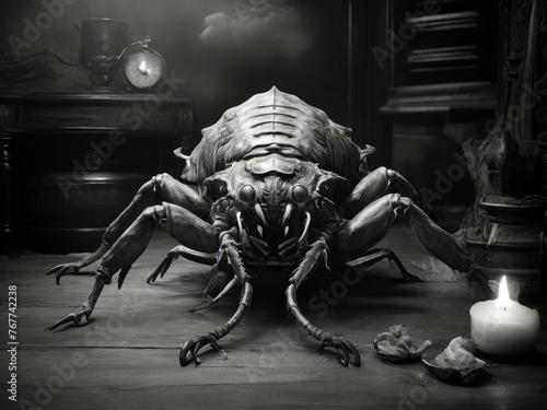 Black and white photo of monster