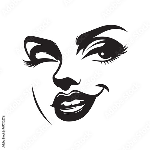 One side of the lips is slightly raised in a flirty playful manner illustrated in black and white