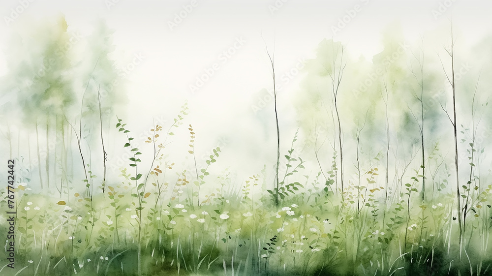 watercolor drawing of a forest landscape, light green spring trees on a white background, soft color copy space