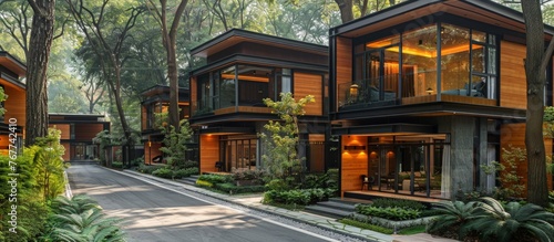 A row of modern wooden houses with large windows surrounded by greenery