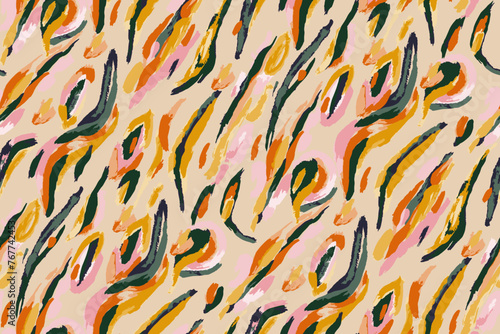 Minimalist abstract  brush stroke painting seamless flower pattern illustration. Modern trendy paint line background.