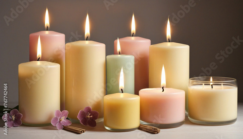 Collection of aroma candles, warm aesthetic composition colorful background