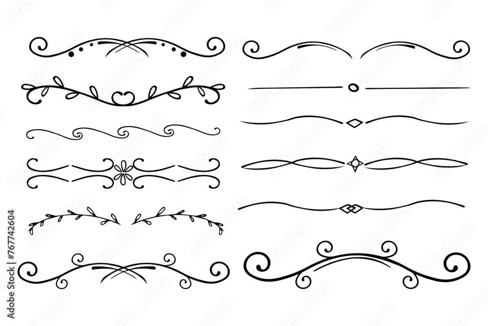 Elegant divider thin line swirl doodle ethnic border separator collection isolated on white background. Florish arnament, embelish.