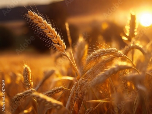 Beautiful nature ears of yellow wheat backdrop of a golden sunset