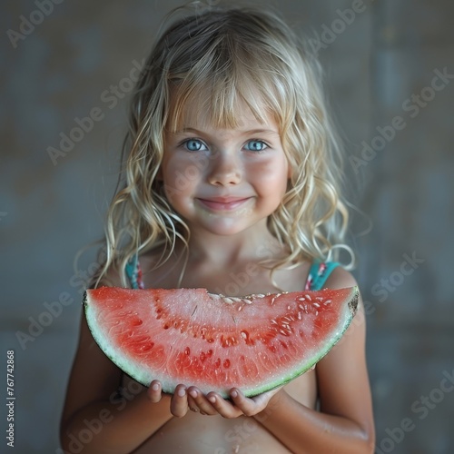 Happy little girl eating fruit