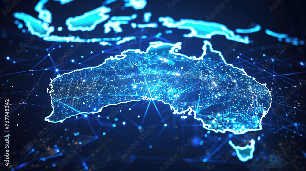 Digital map of Australia, concept of global network and connectivity, data transfer and cyber technology, business exchange, information and telecommunication. Map for business Digital map of Australia, concept of global network and connectivity, data transfer and cyber technology, business exchange, information and telecommunication. Map for business