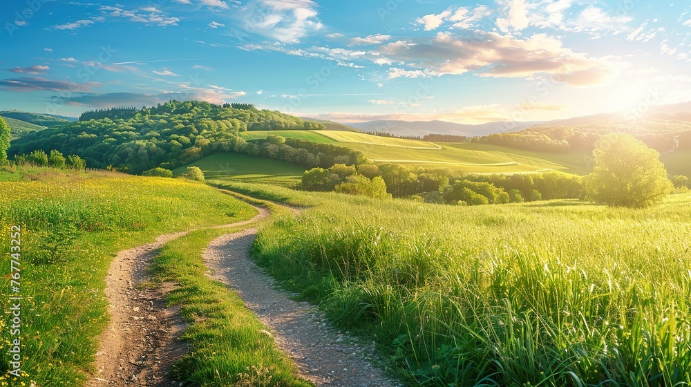 Fototapeta premium Picturesque winding path through a green grass field in hilly area in morning