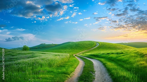 Picturesque winding path through a green grass field in hilly area in morning