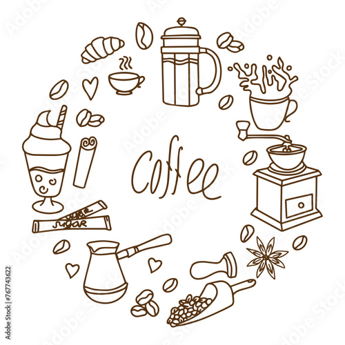 Banner for a coffee shop. Cute doodle cartoon cafe icons. Set of hand drawn coffee designs: drinks, snacks and coffeeware. Vector outline hand drawn coffee and bakery for cafe menu. Vector