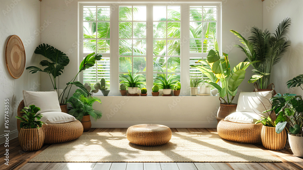 Interior of modern living room with tropical plants. 