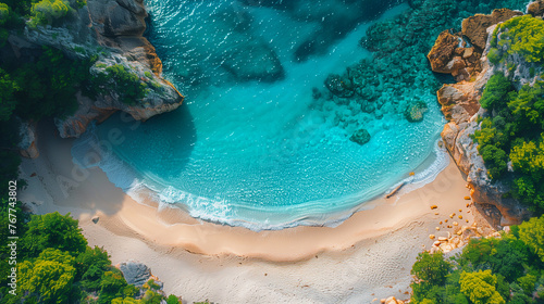 Aerial view of beautiful beach with turquoise water, white sand, turquoise water and cliffs in Corfu island, Greece
