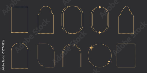 Set luxury thin line golden minimal celestial frames geometric shapes, arch border, elegant deco isolated on dark background. Simple elegant vintage.
