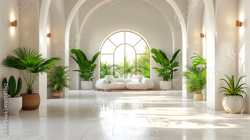 Interior of modern living room with white walls, tiled floor, white sofa and plants