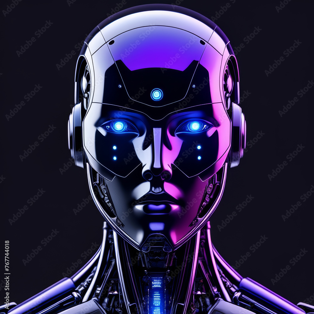 3d rendering humanoid robot with blue and pink light on the face 3d rendering humanoid robot with blue and pink light on the face