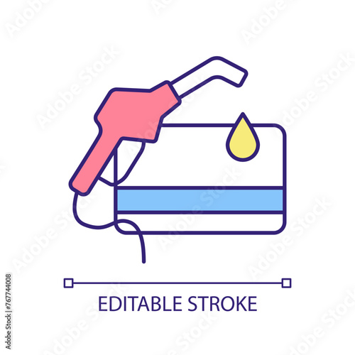 Fuel card RGB color icon. Gas gift card. Petrol expenditure discount. Costs reduce, financial control. Money saving. Isolated vector illustration. Simple filled line drawing. Editable stroke