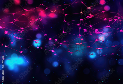 Abstract blue dot and line dark background. Cyber big data flow. Blockchain data fields. Network line connect stream. AI technology, digital communication, science research concept.  © ribelco