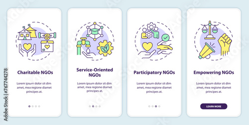 Categories of NGOs onboarding mobile app screen. NPOs walkthrough 4 steps editable graphic instructions with linear concepts. UI, UX, GUI template. Myriad Pro-Bold, Regular fonts used