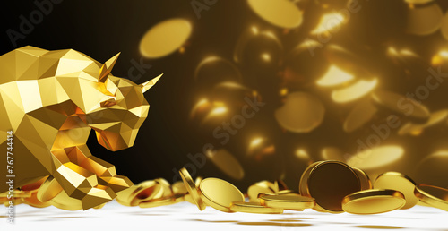 Bullish and gold coin falling on black background 3D render