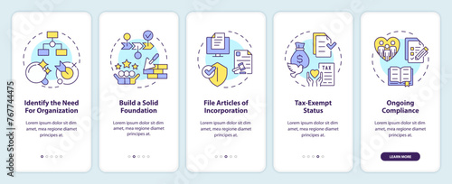 Steps to start NPOs onboarding mobile app screen. Work of NGO walkthrough 5 steps editable graphic instructions with linear concepts. UI, UX, GUI template. Myriad Pro-Bold, Regular fonts used