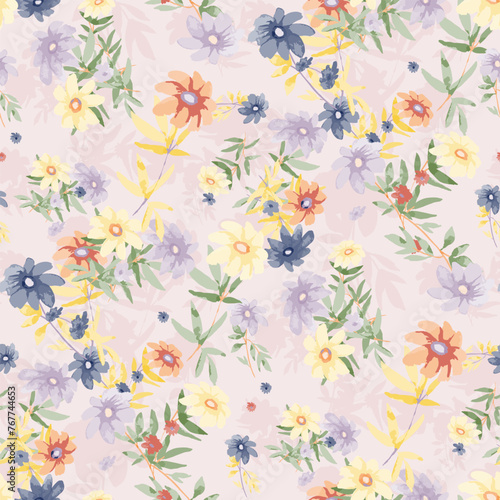  Cute feminine watercolor seamless pattern with wildflowers.hand drawn, not AI