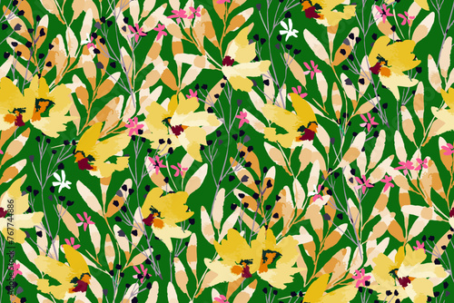  Abstract floral seamless pattern. Bright colors, gouache painting.hand drawn, not AI