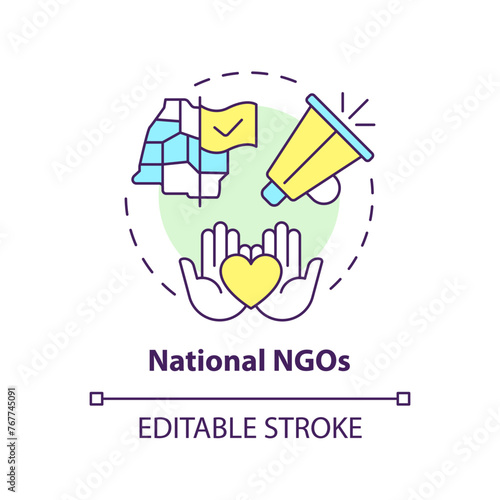 National NGOs multi color concept icon. Non governmental organization at country level. Regional community. Round shape line illustration. Abstract idea. Graphic design. Easy to use in article