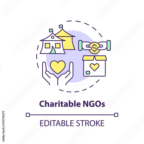 Charitable NGOs multi color concept icon. Non governmental organization. Humanitarian aid. Volunteer work. Round shape line illustration. Abstract idea. Graphic design. Easy to use in article