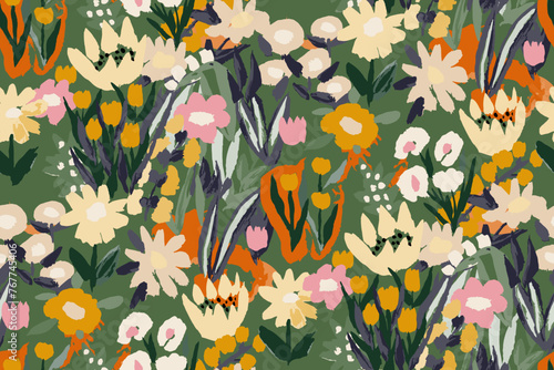  Abstract floral seamless pattern. Bright colors, gouache painting.hand drawn, not AI