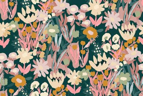  Abstract floral seamless pattern. Bright colors, gouache painting.hand drawn, not AI