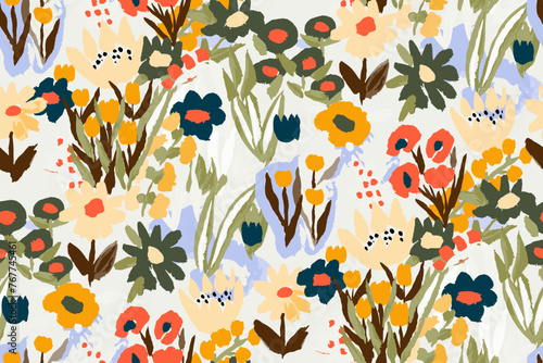  Abstract floral seamless pattern. Bright colors, gouache painting.hand drawn, not AI
