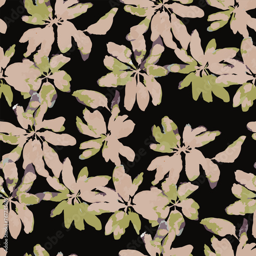 Simple monochrome two-color seamless pattern with flowers silhouette.