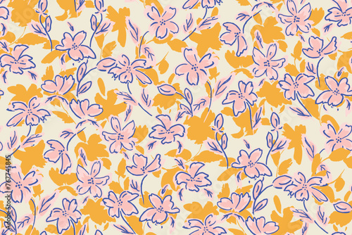 WebAbstract floral seamless pattern. Bright colors, gouache painting.hand drawn, not AI