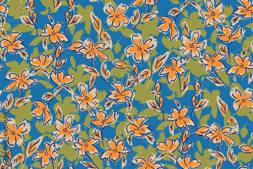 WebAbstract floral seamless pattern. Bright colors, gouache painting.hand drawn, not AI