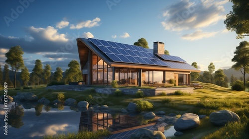 House with solar panels near lake, trees and clouds in sky