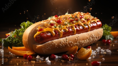 delicious full hot dog with ketchup and mustard photo