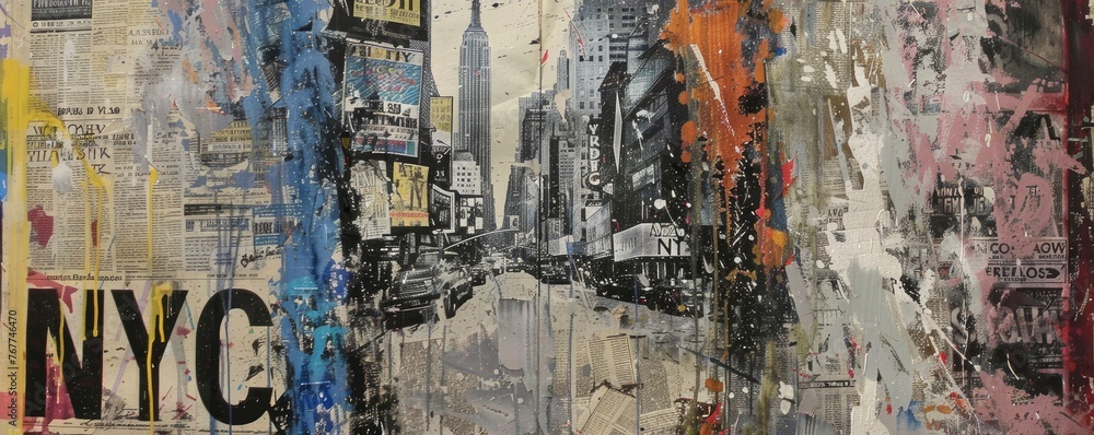 Fototapeta premium Dripping Paint Abstract. A Collage of Newspapers and the Iconic Empire State Building, Capturing the Pulse of New York City.