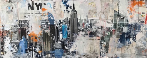 Dripping Paint Abstract. A Collage of Newspapers and the Iconic Empire State Building, Capturing the Pulse of New York City.