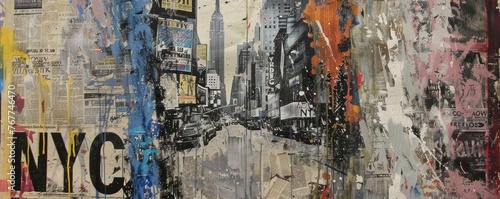 Dripping Paint Abstract. A Collage of Newspapers and the Iconic Empire State Building, Capturing the Pulse of New York City.