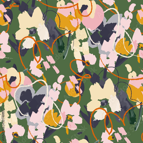  Abstract floral seamless pattern. Bright colors, gouache painting.hand drawn, not AI